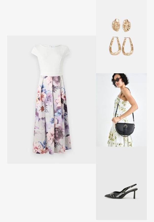 Hvit kortermet kjole med en tettsittende overdel og et flytende skjørt med blomstertrykk i pastellfarger, med folder og glidelås bak.; Sorte patentlær slingback-sko med spiss tå, ankelremmer med sølvspenner og detaljer, og en slank hæl.; Svart lærveske med en buet form, avtagbar stropp og gullbeslag. Vesken har et klaff med spenne-detall.; Gullfargede øredobber med teksturerte, bølgete former. Inkluderer skulpturelle klipsstuds og åpen hoop-design med en hamret finish.