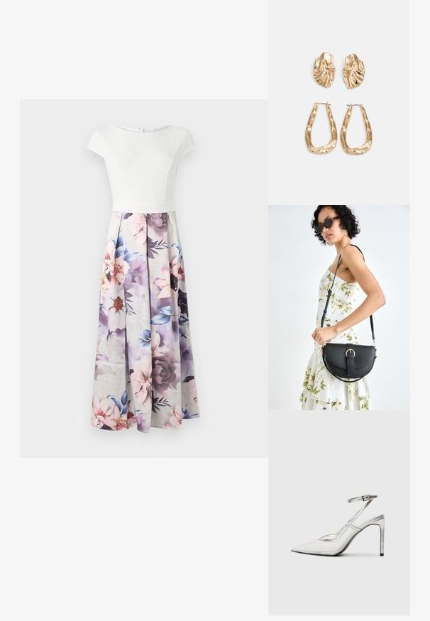 White short-sleeved dress with a fitted bodice and a flowing floral print skirt in pastel colors, featuring pleats and a zipper closure at the back.; Clear stiletto heel shoe with a pointed toe, transparent material, metallic silver accents, and adjustable ankle strap.; Black leather handbag with a curved shape, detachable strap, and gold hardware. The bag features a flap with a buckle detail.; Gold-tone earrings featuring textured, wavy shapes. Includes sculptural clip-on studs and open hoop design with a hammered finish.