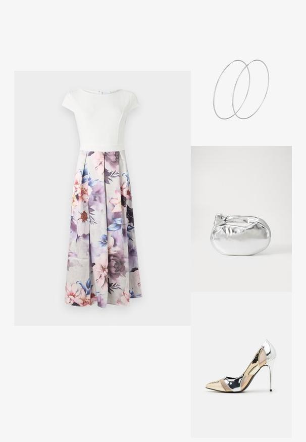 Bílé šaty s krátkým rukávem, těsně padnoucí k tělu, a plynule se rozšiřující sukní s květinovým potiskem v pastelových barvách, s plisováním a zipovým zapínáním na zadní straně.; Lodička s špičatou špičkou a kombinací stříbrné, zlaté a tělové barvy. Lesklý povrch s vykrojeným designem, s jehlovým podpatkem.; Stříbrná kovová taška s měkkým, zaobleným tvarem a uzávěrem s uzlem. Vyrobena z hladké umělé kůže.; Stříbrné kruhové náušnice s minimalistickým designem. Kruh, hladký povrch a tenký profil. Lehká konstrukce s lesklým povrchem.
