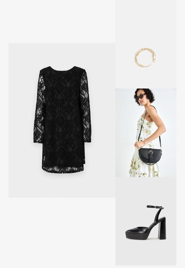 Svart spetsklänning med långa ärmar, prydd med invecklade geometriska mönster och en genomskinlig textur. Rundad halsringning och klänningens längd mitt på låret.; Svarta plattformsskor med spetsig tå och justerbart vristband. Tillverkade av mjukt läder, med en kraftig blockklack.; Svart läderhandväska med en böjd form, avtagbar rem och guldiga detaljer. Väskan har ett lock med en spänndetalj.; Ring i guldutförande med en organisk, vriden design, slät yta och avsmalnande ändar, vilket ger ett modernt, skulpturalt utseende.