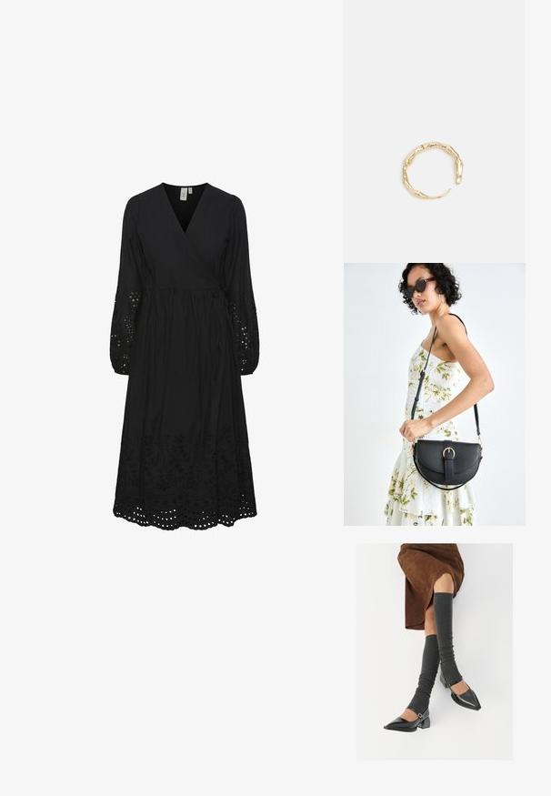 Crna haljina s dugim rukavima na preklop, s cvjetnim vezom i perforiranim detaljima na rubu. Izrađena od lagane tkanine s ležernim krojem.; Crne lakirane cipele s šiljastim prstima, blok-petom i remenom oko gležnja, uparene s sivim rebrastim čarapama do koljena i smešnom suknjom od antilopa.; Crna kožna torba s lukovitim oblikom, odvojivim remenom i zlatnim detaljima. Torba ima preklop s kopčom.; Prsten u zlatnoj nijansi s organskim, uvijenim dizajnom, glatkom teksturom i suženim krajevima, koji stvara moderan, skulpturalni izgled.