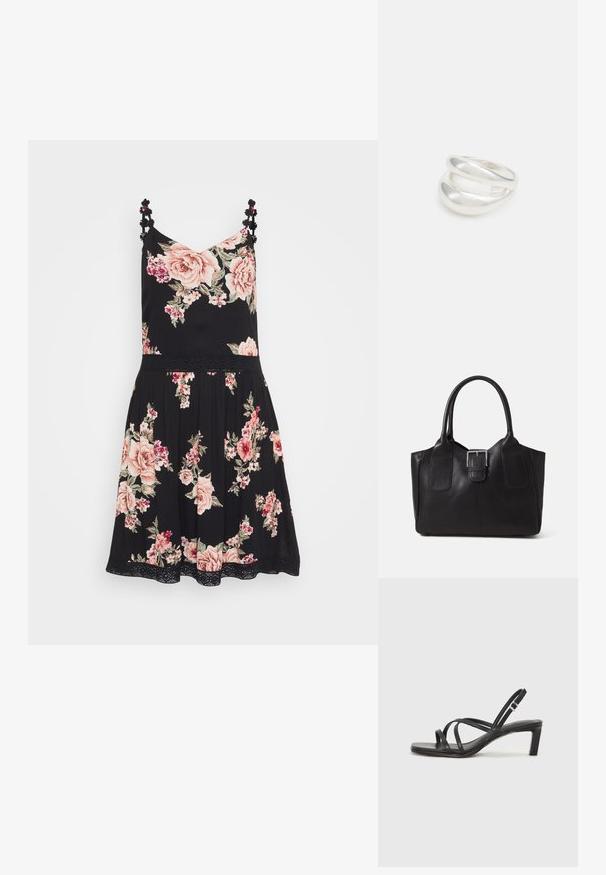 Melna ziedu kleita ar rozā rozēm, ar spageti siksnām, kas rotātas ar ziediem, un ar plīša svārkiem. Viegls audums un mežģīņu apdare uz apakšmalas.; Melnas strappy sandales ar kvadrātveida purngaliem un zemu bloku papēdi. Ievērojamas ar vairākiem plāniem siksniņām un regulējamu potītes siksniņu. Izgatavotas no gludas ādas.; Melnas ādas somiņa ar gludu tekstūru, strukturētu formu, divām rokturām un izteiktu sudraba sprādzi priekšpusē.; Sudraba divu joslu gredzens ar gludu, pulētu virsmu. Iezīmējas ar plūstošu, izliekta dizaina struktūru ar pārklājošām sekcijām modernam izskatam.