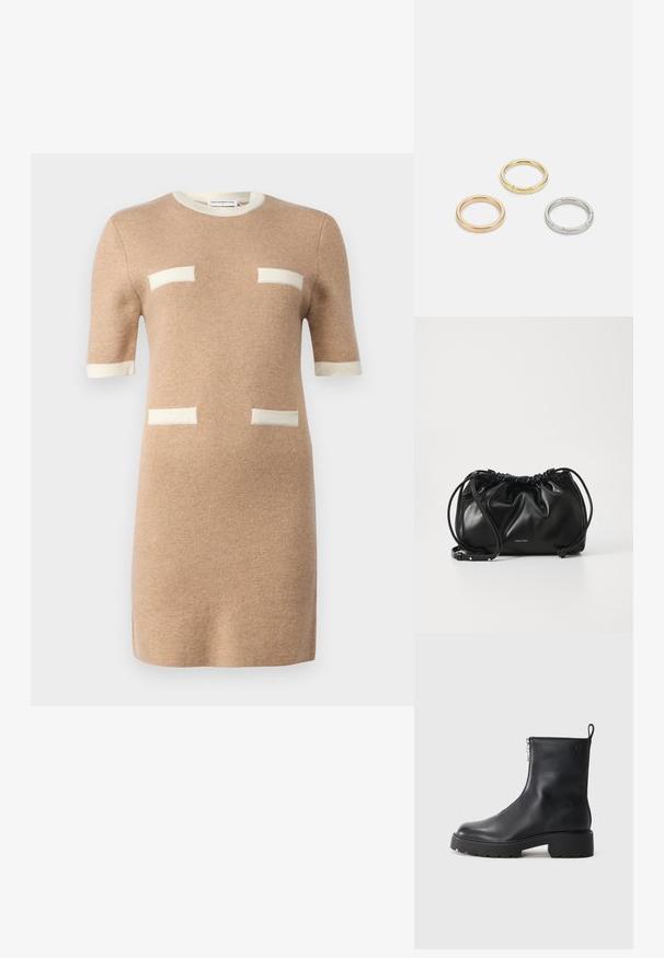 pure cashmere COLOR BLOCK SHORT SLEEVE DRESS - Rochie tricotată - camel; Cizme din piele neagră, până la gleznă, cu fermoar lateral, vârf rotunjit și talpă texturată, robustă. Branding subtil pe lateral.; Geantă de mână din piele neagră cu un design pliat, închidere cu dublu snur și curea de umăr detașabilă. Prezintă un detaliu cu logo metallic.; Trei inele din metal: unul roz aurie, unul auriu cu accente texturate și unul argintiu, toate cu branding gravat pe banda interioară.