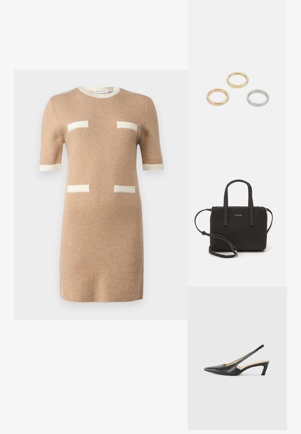 pure cashmere COLOR BLOCK SHORT SLEEVE DRESS - Obleka/pulover - camel; Črne čevlje s koničastimi nosovi in slingback obliko z nizko peto, izdelane iz gladke usnjene materiale ter s črtasto zasnovo na strani za prezračevanje.; Črna torbica z dvema kratkima ročajema in odstranljivim naramnim trakom. Gladek usnju podoben material z zadrgo in podrobnostmi z logotipom.; Trije kovinski prstani: eden rožnato zlati, eden zlat z teksturiranimi detajli in eden srebrn, vsi z vgraviranim logotipom na notranji strani.