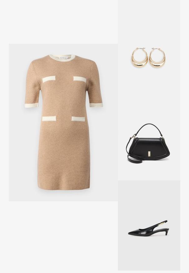 pure cashmere COLOR BLOCK SHORT SLEEVE DRESS - Pulóverruha - camel; Fekete bőr slingback magassarkúk, hegyes orral, vékony sarkakkal és arany színű részlettel a állítható pánton. Simа felület.; Fekete bőr kézitáska, strukturált dizájnnal, rövidített formával, felső fogantyúval és arany színű kiegészítőkkel. Állítható vállpánt is tartozik hozzá.; Aranyszínű, félhold alakú fülbevalók, polírozott felülettel és zsanéros záródással. A sima textúra és a fényes felület fokozza a láthatóságot.