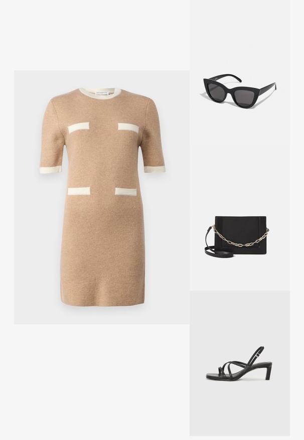 pure cashmere COLOR BLOCK SHORT SLEEVE DRESS - Haljina s naramenicama - camel; Crne sandale s trakama, kvadratnim prstom i niskom blok petom. Ima više tankih trakica i podesivu trakicu oko gležnja. Izrađene su od glatke kože.; Crne mačkaste sunčane naočale s mat završnom obradom, sivo obojeni leće, oštri kutovi i elegantne bočne ručke. Ime brenda vidljivo na unutrašnjoj strani ručke.; Crna kožna torba preko tijela s glatkom teksturom, pravokutnim oblikom i metalnim lancem na prednjoj strani. Uključena je podesiva naramenica.