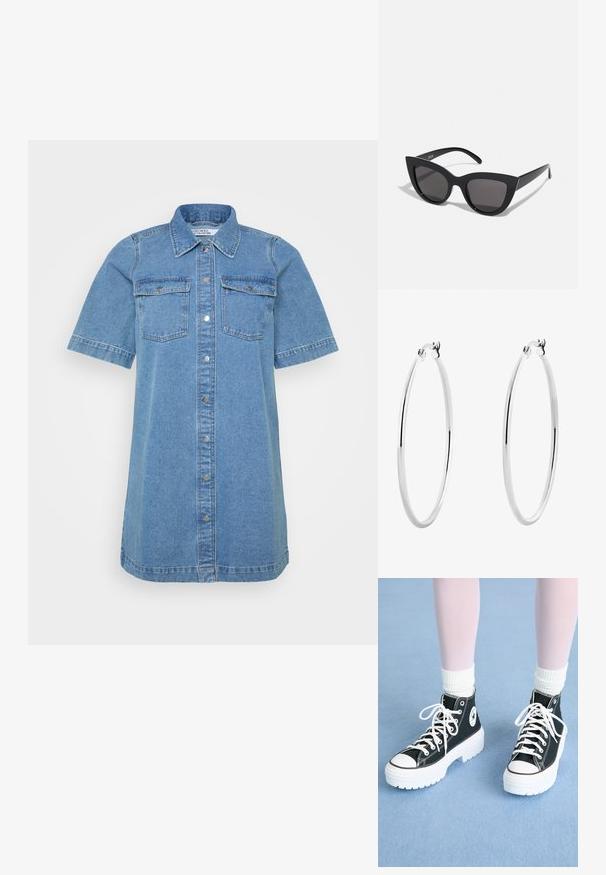 Denim srajčna obleka v svetlo modri barvi, z ovratnikom, kratkimi rokavi, dvema žepoma na prsih in zapenjanjem spredaj s gumbi. Gladka tekstura.; Črne visoke športne copate z belimi podplati in vezalkami, z okroglo oznako na strani in kontrastnim črnim šivom. Zgornji del iz teksturirane tkanine.; Črne mačke-oko sončna očala z mat zaključkom, ki imajo sive tonirane leče, ostre kote in eleganten stranski del. Ime blagovne znamke je vidno na notranjem ročaju.; Srebrni obroči za ušesa z gladko, polirano površino in tanko, okroglo obliko. Oblikovanje vključuje varen zaponko.