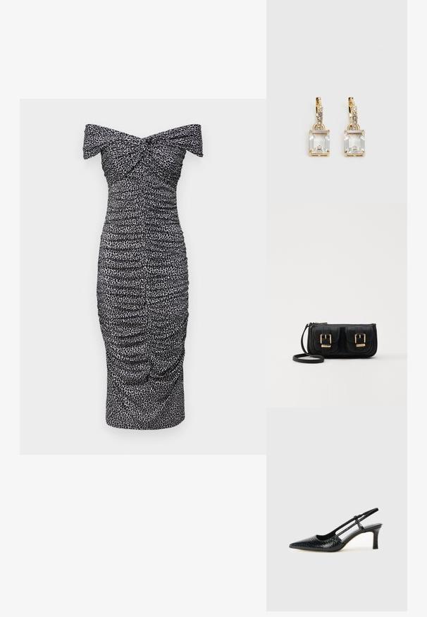 MICHAEL Michael Kors TWIST OFF SHOULDER MIDI DRESS - Vestido de dia - aluminum; Salto slingback em patente preta com bico apontado, apresentando um padrão de pele de cobra texturizado, tira ajustável e um salto bloco curto e texturizado.; Bolsa de ombro em couro preto com dois bolsos frontais, fivelas douradas, fecho de zíper e uma alça fina. Superfície texturizada e forma retangular compacta.; Brincos em tom de ouro com um cristal retangular claro pendurado abaixo de uma linha de pequenos acentos redondos claros. Design elegante e moderno.