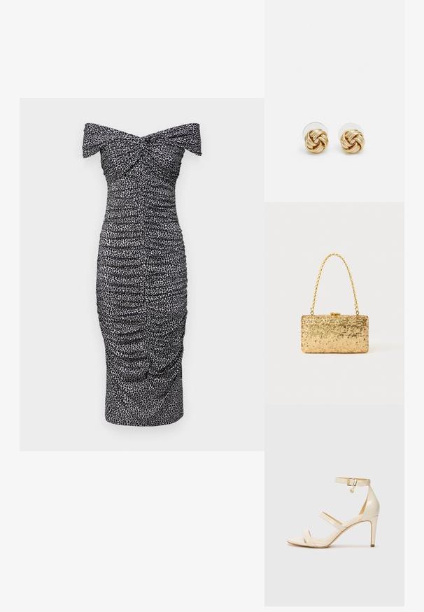 MICHAEL Michael Kors TWIST OFF SHOULDER MIDI DRESS - Kjole - aluminum; Beige høyhælte sandaler med tynn ankelstropp og to stropper over. Glanset lakkfinish og detaljer i gull på ankelstroppen.; Gullfarget paljetter clutch med rektangulær form, utstyrt med en tvunnet kjedehåndtak og en metallspenne, som reflekterer lys med en teksturert overflate.; Gullfarget knute stud-øreringer med en vridd design. Hver ørering har en sirkulær klar bakside for sikker bruk.