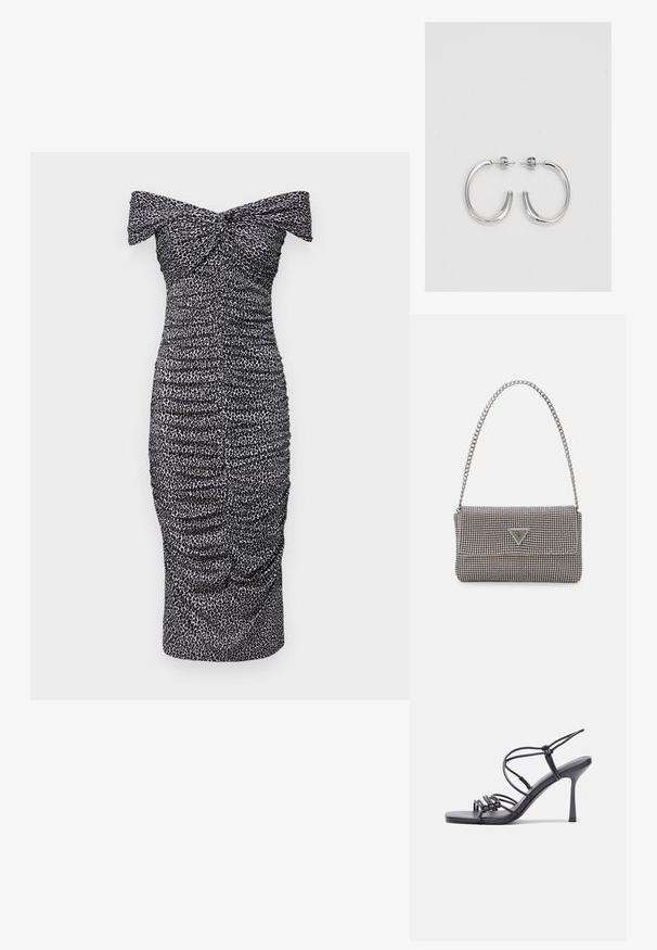 MICHAEL Michael Kors TWIST OFF SHOULDER MIDI DRESS - Dnevna obleka - aluminum; Črne visoke sandale na peto imajo tanke naramnice z vozlom, gladek kvadratni toe in eleganten stiletto peto.; Svetlo siva kovinska torbica z verižnim ročajem, okrašena z majhnimi okroglimi kovinskimi bleščicami in trikotnim logotipom blagovne znamke.; Srebrne obročaste uhane z gladko, sijočo površino. Zaobljena oblika, lahka zasnova, z zapiranjem na zatič.