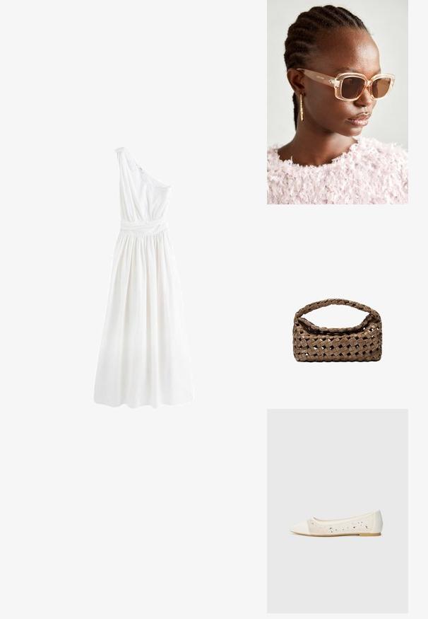 Next PREMIUM ONE SHOULDER REGULAR FIT - Maxikleid - white; Spitz zulaufende Ballerinas aus cremefarbenem Leder mit transparentem Obermaterial, verziert mit verstreuten Strasssteinen. Weiche Sohle für Komfort, minimalistische Gestaltung.; Beige übergroße Sonnenbrille mit klarem Rahmen und braun getönten Gläsern, die subtile florale Akzente und ein mutiges, geometrisches Design aufweist.; Geflochtener brauner Handtasche in rechteckiger Form, mit strukturiertem Griff und texturierter Oberfläche. Verfügt über einen geschlossenen oberen Teil und ein ausgeklügeltes Geflechtmuster.