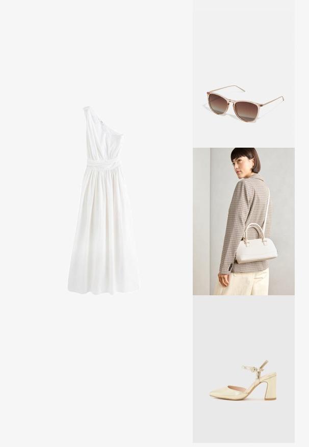Next PREMIUM ONE SHOULDER REGULAR FIT - Maksi suknelė - white; Auksinės metalinės kulninės bateliai su smailiu nosiu, kulkšnies dirželis su apvaliu užsegimu ir masyvus kulnas. Lygus paviršius.; Rudi gradientiniai saulės akiniai su permatomu rožiniu rėmeliu, kvadratinės formos ir plonomis metalinėmis šakėmis. Yra su apvalintais kraštais ir minimaliais dekoratyviniais elementais.; Balta struktūruota rankinė su trumpomis rankenomis ir peties diržu, su auksinėmis detalėmis ir tekstūruota medžiaga, pastatyta prieš pilką foną.