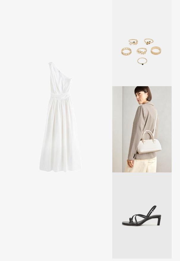 Next PREMIUM ONE SHOULDER REGULAR FIT - Robe longue - white; Sandale noire à lanières avec un bout carré et un petit talon bloc. Elle présente plusieurs fines lanières et une sangle de cheville ajustable. Fabriquée en cuir lisse.; Sac à main structuré blanc avec de courtes poignées et une bandoulière, doté de accents en métal doré et d'un matériau texturé, présenté sur un fond gris.; Ensemble de six anneaux en or présentant divers designs : tressés, motifs de feuilles et bandes unies ; certains avec des accents de pierres précieuses vertes.