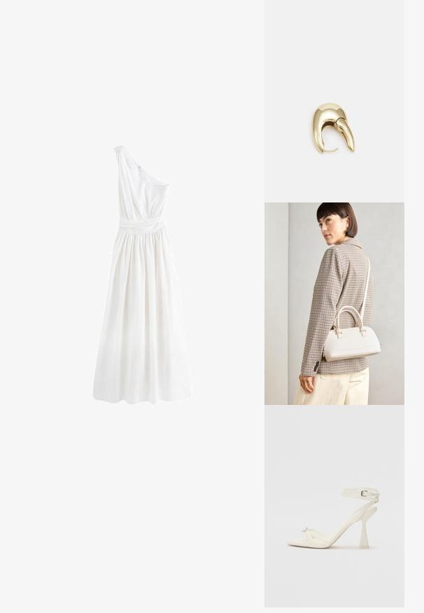 Next PREMIUM ONE SHOULDER REGULAR FIT - Maxi šaty - white; Bílé kožené sandály na vysokém podpatku s tenkými řemínky, elegantním designem, průhledným blokovým podpatkem a dekorativním prvkem na špičce.; Bílá strukturovaná kabelka s krátkými uchy a ramenním popruhem, zdobená zlatými kovovými prvky a texturovaným materiálem, vystavená na šedém pozadí.; Náušnice ve zlatém tónu z kovu s elegantním zakřiveným designem. Vyznačují se jedinečným špičatým tvarem, lesklým povrchem a závěsem na kloub.