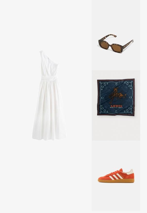 Next PREMIUM ONE SHOULDER REGULAR FIT - Maxi šaty - white; Oranžové semišové tenisky s bílými koženými detaily, s třemi bílými pruhy a gumovou podrážkou. Logo "Spezial" na jazyku.; Sluneční brýle ve skořápce želvy s kulatým, širokým rámem a hnědými čočkami. Mají jemné vzory a rovné, zúžené stranice.; Námořnický hedvábný šátek s grafikou hnědého jezdce na koni, dekorativním modrým lanovým vzorem a textem "LEVI'S NOŠENÉ VŠEMI KOVBOJI" v červené barvě.