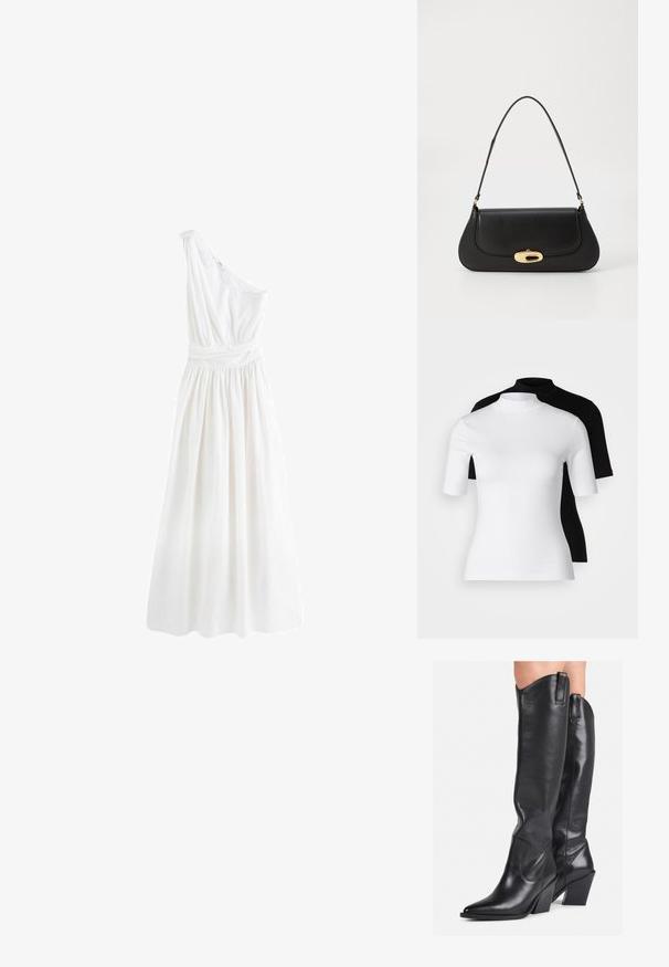 Next PREMIUM ONE SHOULDER REGULAR FIT - Rochie maxi - white; Set de două bluze cu guler înalt, ajustate, în alb și negru. Mâneci scurte, material din bumbac neted și design aderent. Fără modele sau grafică.; Cizme negre din piele, până la genunchi, cu vârf ascuțit, ioni curbat și toc masiv. Au o textură netedă și bucle pentru a fi trase pe sus.; Geantă de mână din piele neagră, cu un design curbat, accesorii de culoare aurie și un mâner de sus. Dispune de o închidere elegantă și o textură netedă.