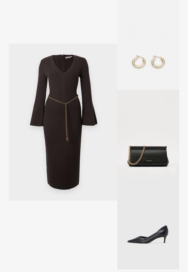 Rochie tricotată ribbed, de culoare maronie, cu decolteu în V, mâneci tip clopot și o curea din lanț aurit accentuată la talie. Croi ajustat, cu lungime midi.; Pantof din piele neagră, cu vârf ascuțit și toc mic. Are o textură netedă și un luciu subtil. Decupaj deschis în partea din față pentru un detaliu suplimentar.; Plică din piele neagră cu o curea din lanț auriu, având o textură netedă, formă rectangulară și o marcă embosată pe față.; Lauren Ralph Lauren BASIC SMALL HOOP - Cercei - gold-coloured