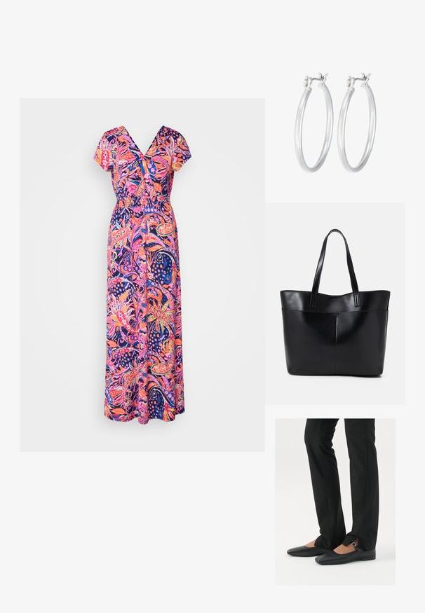 Maxi dress made of lightweight fabric, featuring a vibrant pink and blue floral pattern with a V-neck and short sleeves. Elastic waistband detail.; Black leather ballet flats with a pointed toe, strap with silver buckle, paired with black tailored pants featuring a slit hem.; Black leather tote bag with two long handles, a smooth texture, and a structured shape. Features a front pocket for additional storage.; Silver hoop earrings with a smooth, polished finish. Round shape and secure click-top closure. Lightweight design suitable for everyday wear.