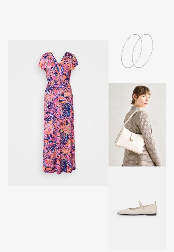 Robe maxi en tissu léger, présentant un motif floral éclatant rose et bleu avec un col en V et des manches courtes. Détail de taille élastique.; Ballerines blanches en cuir avec un bout pointu, une boucle sur le côté et un petit talon noir. Texture lisse et design minimaliste.; Sac à main en cuir blanc au design structuré, doté d'un fermoir magnétique et d'une bandoulière, présenté sur un fond neutre.; Boucles d'oreilles en argent au design minimaliste. Forme circulaire, texture lisse et profil fin. Légères avec une finition polie.
