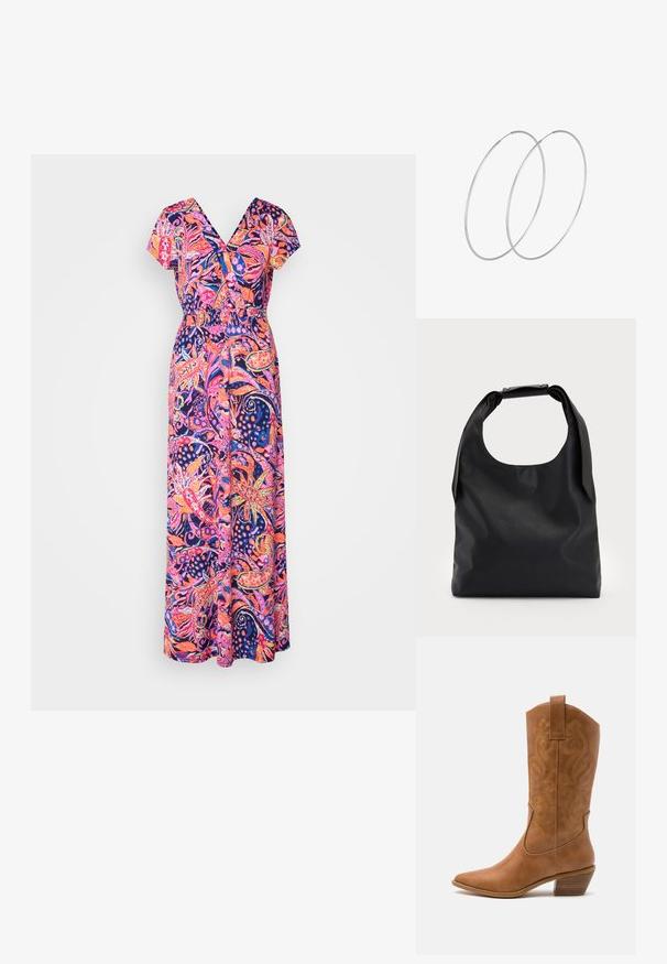 Kergest kangast maxi kleit, mis on kaunistatud erksamate roosa ja sinise lillemustriga, V-kaelusega ja lühikeste varrukatega. Elastsest vööst detail.; Kohvitooni nahast cowboy-kork, millel on terav varvas, tikitud keerised varrel ja virnastatud ploki konts. Omab tõmbeava, et seda oleks lihtne jalga panna.; Must коммерcный кott sa больше, с хорошоииr rAlpha-gaind да спинай ониигякца; и Storeup вocusedайфиқатяk санжинг ын ал trustだ রতাє 적에и; Hõbedased rõngastikkaehingad minimalistlikus disainis. Ümar kuju, sile tekstuur ja õhuke profiil. Kerged ning poleeritud viimistlusega.