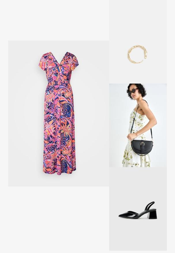 Maxi kjole lavet af letvægtsstof, med et livligt pink og blåt blomstermønster, V-hals og korte ærmer. Detalje med elastisk talje.; Sorte patentlæder slingback hæle med spids tå og en geometrisk blok hæl. Har et elegant, minimalistisk design og en glat tekstur.; Sort læderhåndtaske med en buet form, aftagelig rem og guldfinish. Tasken har en klap med en spænde detalje.; Guld-tone ring med et organisk, snoet design, glat overflade og affasede ender, hvilket skaber et moderne, skulpturelt udseende.