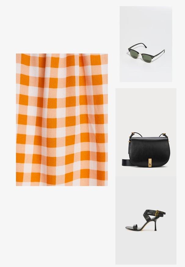 Oranžová a bílá kostkovaná látka se vzorem čtverců se stejnou velikostí, vyrobená z hladkého strukturovaného materiálu.; Černé sandály na podpatku s kříženými popruhy a nastavitelnou sponou. Mají hladký povrch a špičatý stiletto podpatek.; Černé a zlaté sluneční brýle se zelenými skly, mají tvar kočičích očí, kovové detaily a strukturovaný rám.; Černá kožená křížová taška se zlatým kovovým akcentem a nastavitelným popruhem, s hladkou texturou a zakřiveným tvarem.