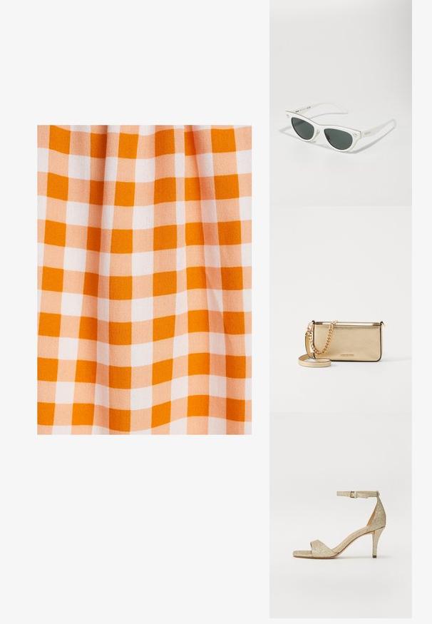 Oranžová a bílá kostkovaná látka se vzorem čtverců se stejnou velikostí, vyrobená z hladkého strukturovaného materiálu.; Zlaté třpytivé sandály na vysokém podpatku s páskem kolem kotníku, otevřenou špičkou a čtvercovým předním držadlem. Disponují úzkým, tvarovaným podpatkem pro zvýšení výšky.; Bílé sluneční brýle ve tvaru kočičích očí s tmavými skly, zlatými akcenty na rámu a logem na boku. Hladký plastový materiál.; Metalická zlatá kožená psaníčko s texturovaným povrchem, vybavená zlatým řetízkovým popruhem a odnímatelným ramenním popruhem. Vystouplé logo značky.