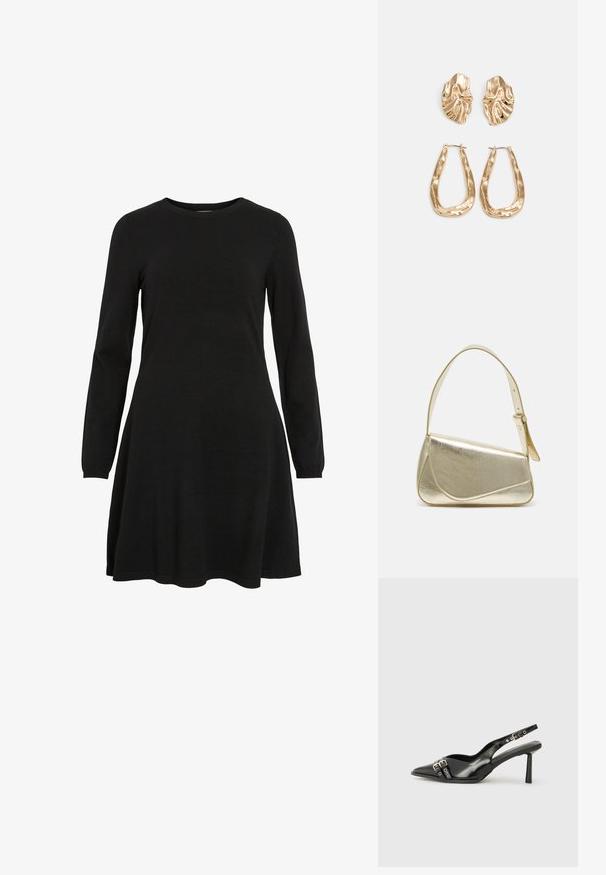 Svart långärmad klänning i stickad kvalitet, med rund halsringning och utställd nederkant, som erbjuder en enkel och figursydd silhuett.; Svart lackläder slingbacksko med spetsig tå, ankelremmar med silverfärgade spännen och detaljer samt en smal klack.; Guldfärgad metallhandväska med en strukturerad design, slät textur och justerbar rem. Har en unik triangulär form och minimalistisk sömnad.; Örhängen i guldton med texturerade, vågiga former. Inkluderar skulpturala clip-on-stift och öppen hoop-design med hamrad finish.