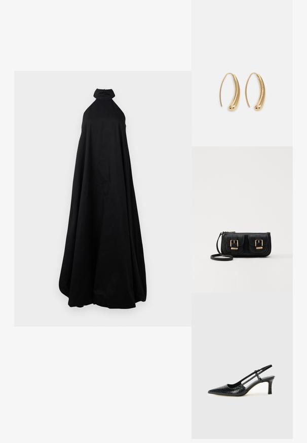 Juodasis ilgis iki grindų be rankovių halterio stiliaus su aukštu kaklu ir apimtu sijonu, demonstruojamas baltoje fone.; Juodai lakuoti slingback aukštakulniai su smailiu nosiu, su tekstūruotu gyvatės raštu, reguliuojama juosta ir trumpu, tekstūruotu blokiniu kulnu.; Juodas odinis per petį nešiojamas krepšys su dviem priekiniais kišenėmis, auksiniais sagtimis, užtrauktuko uždarymu ir siauromis petnešomis. Textūruota paviršius ir kompaktiškas stačiakampis formatas.; Auksinės metalinės auskarų kabės su lenktą, pailgą forma. Turi lygų, blizgantį paviršių ir užapvalintą galiuką papildomam akcentui.