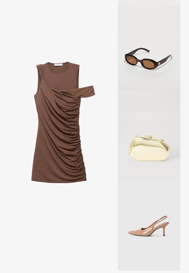 Brun ärmlös klänning i mjukt tyg med draperade detaljer och en asymmetrisk skärning på ena axeln. Har sidofrysning.; Nude lackläder slingback pumps med spetsig tå, öppen sidsdesign och 7 cm stilettklack. Svart accent på klackens bas.; Bruna sköldpaddssolglasögon med ovala linser, med en tunn båge och en liten metallaccent på sidan. Strukturerad och polerad finish.; Metallisk guldclutch med en slät, rund form, som har en knappstängning på toppen och ett litet kedjehandtag för bärande.