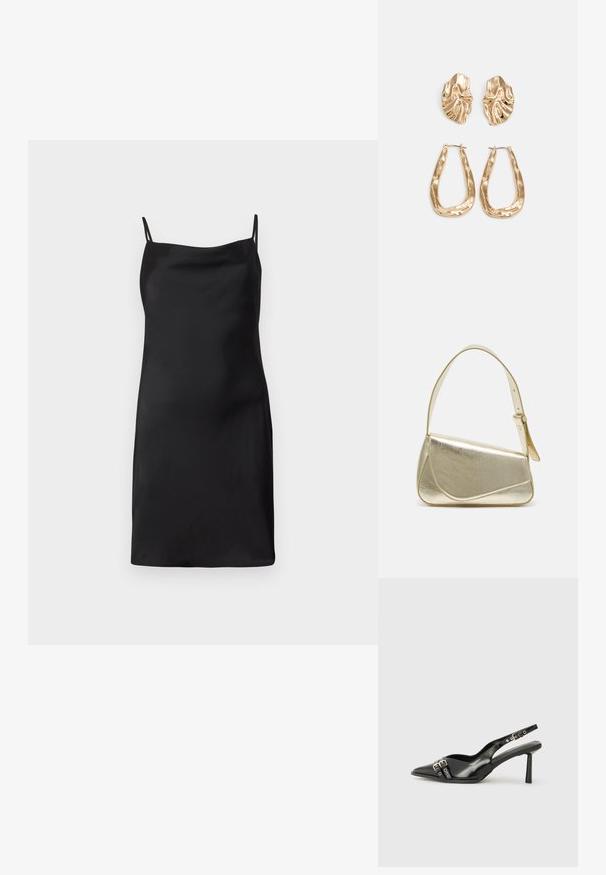 Μαύρο σατέν φόρεμα slip με λεπτές διπλές τιράντες και ίσια λαιμόκοψη, μήκους μέχρι το γόνατο, εκτεθειμένο σε λευκό φόντο.; Μαύρο παπούτσι slingback από πατέντο δέρμα με μυτερή μύτη, λουράκια στον αστράγαλο που διαθέτουν ασημένιες αγκράφες και μεταλλικά στοιχεία, και λεπτό τακούνι.; Χρυσή μεταλλική τσάντα χειρός με δομημένο σχέδιο, λεία υφή και ρυθμιζόμενο λουρί. Διαθέτει μοναδικό τριγωνικό σχήμα και μινιμαλιστική ραφή.; Χρυσά σκουλαρίκια με υφή, κυματιστά σχήματα. Περιλαμβάνουν γλυπτικά κλιπ-σε σκουλαρίκια και σχέδιο ανοιχτού σκουλαρικιού με σφυρήλατη επιφάνεια.
