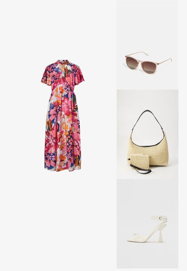 Kukallinen maxi-mekko, jossa on lyhyet hihat, korkea kaulus ja kirkkaat kuviot vaaleanpunaisessa, oranssissa ja tummansinisessä, löysä istuvuus ja rypytetty yksityiskohta.; Valkoinen nahkainen strappisaapas, jossa on virtaviivainen muotoilu, läpinäkyvä lohko-osa ja koristeellinen elementti varpaassa.; Ruskean sävyinen aurinkolasimalli, jossa on läpikuultava vaaleanpunainen runko, neliömäinen muoto ja ohuet metalliset varret. Lasimallissa on pyöristetyt reunat ja minimaalinen yksityiskohtaisuus.; Kudottu olkikassi kaarevalla siluetilla, jossa on sileä musta nahkaremmi ja siihen kiinnitetty yhteensopiva pieni pussukka rannekahvalla.