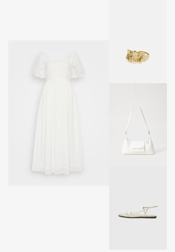 Valkoinen, pitkä puuvillamekko, jossa on neliskanttinen pääntie, puhvihihaiset lyhyet hihat ja herkkiä rei'itettyjä kuvioita kankaassa.; Beige litte sandaalit, joissa on useita hoikkia hihnoja ja säädettävä solki. Pohja on litteä, ja reunassa on kevyt tumma kontrasti.; Valkoinen synteettinen käsilaukku, jossa on kolmikulmainen muoto, tasainen etu läppä ja nauhadetail, säädettävä olkahihna, sileä rakenne ja minimalinen muotoilu.; Kullanışlı bir ayarlanabilir yüzüğe sahip, üç belirgin zirveye sahip dokulu, dalgalı düzene sahip altın yüzük. Düzgün, parlak yüzey ve açık bant ile tasarlanmış.; Kullanışlı bir ayarlanabilir yüzüğe sahip, üç belirgin zirveye sahip dokulu, dalgalı düzene sahip altın yüzük. Düzgün, parlak yüzey ve açık bant ile tasarlanmış.