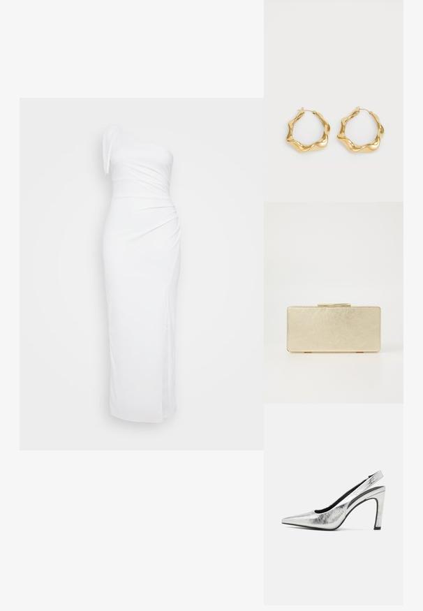 Vieno peties balta suknelė, pasižyminti prigludusia siluetu, drapiruotomis detalėmis ir šonine išpjova, pagaminta iš tamprių audinių patogumui.; Šviesiai sidabriniai slingback bateliai su smailiu nosiu, tekstūruotu metaliniu paviršiumi, aukštu blokuočiu kulnu ir išpjova šone, suteikiančia elegantišką išvaizdą.; Auksinė delninė su lygiu metaliniu paviršiumi, stačiakampio formos ir paprastu užsegimu. Nėra matomų raštų ar dekoracijų.; Auksiniai žiediniai auskarai su banguotu, tekstūruotu dizainu. Turintys ploną vielinį užsegimą ir poliruotą, atspindinčią paviršių.