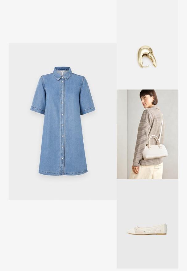 Denim skjortekjole, lyseblå, korte ermer, krage, kneknappelukking, kne-lengde, søm detaljer på ermene, avslappet passform.; Spiss tå ballettleestøvel i kremfarget skinn med gjennomsiktig overdel som har spredte rhinestones. Myk såle for komfort, minimalistisk design.; Hvit strukturert håndveske med korte håndtak og skulderreim, med detaljer i gullfinish og teksturert materiale, vist mot en grå bakgrunn.; Gullfarget metalløredobber med et elegant, buet design. Har en karakteristisk spiss form, polert overflate og hengsel-lukking.