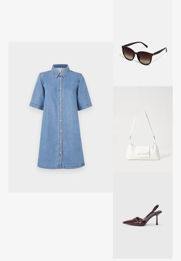 Denim krekli kleita, gaiši zila, īsas piedurknes, apkakle, pogu aizdare priekšpusē, līdz ceļgaliem, izšuvuma detaļas uz piedurknēm, ikdienišķa piegriezuma.; Bordīna lakādas slingbeka kurpes ar smailu purngalu, plānu potītes siksniņu un nelielu dekoratīvu sprādzi. Gluda virsma un augsts papēdis.; Brūni gradienti saulesbrilles ar pārmērīgiem apaļiem stikliem, spīdīgiem bruņurupuča raksta rāmiem un elegantiem ieročiem ar diskrētām metāla akcentiem.; Balta sintētiska soma ar trīsstūrveida formu, plakanu priekšējo vāciņu un loku detaļu, regulējamu siksnu, gludu tekstūru un minimālistisku dizainu.