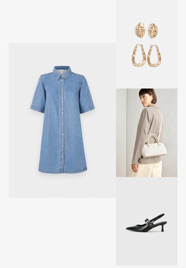 Denim skjortekjole, lyseblå, korte ermer, krage, kneknappelukking, kne-lengde, søm detaljer på ermene, avslappet passform.; Svarte patent lær slingback hæler med spiss tå og en liten blokkheel, med en sølvspenne som detalj på stroppen.; Hvit strukturert håndveske med korte håndtak og skulderreim, med detaljer i gullfinish og teksturert materiale, vist mot en grå bakgrunn.; Gullfargede øredobber med teksturerte, bølgete former. Inkluderer skulpturelle klipsstuds og åpen hoop-design med en hamret finish.
