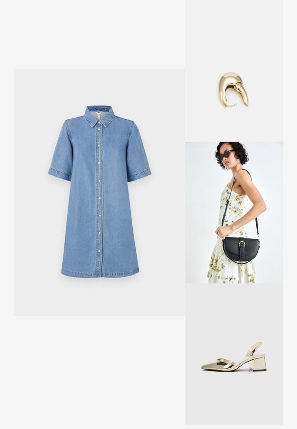 Džinsinė suknelė, šviesiai mėlyna, trumpomis rankovėmis, su apykakle, priekyje su knopkų uždarymu, iki kelių ilgio, su siuvinėjimo detalėmis ant rankovių, laisvas siluetas.; Auksiniai, metaliniai slingback aukštakulniai bateliai su smailiu pirštu ir masyviu kulnu. Lygus paviršius, minimalizmo dizainas ir siaura juostelė.; Juodas odinis krepšys su išlenkta forma, nuimamu dirželiu ir auksiniais detalėmis. Krepšys turi kilpą su sagtimi.; Aukso tono metalinės auskarai su stilingu, kreiviu dizainu. Išsiskiria ryškiu smailiu pavidalu, poliruota paviršiumi ir užsegimu su vyriu.