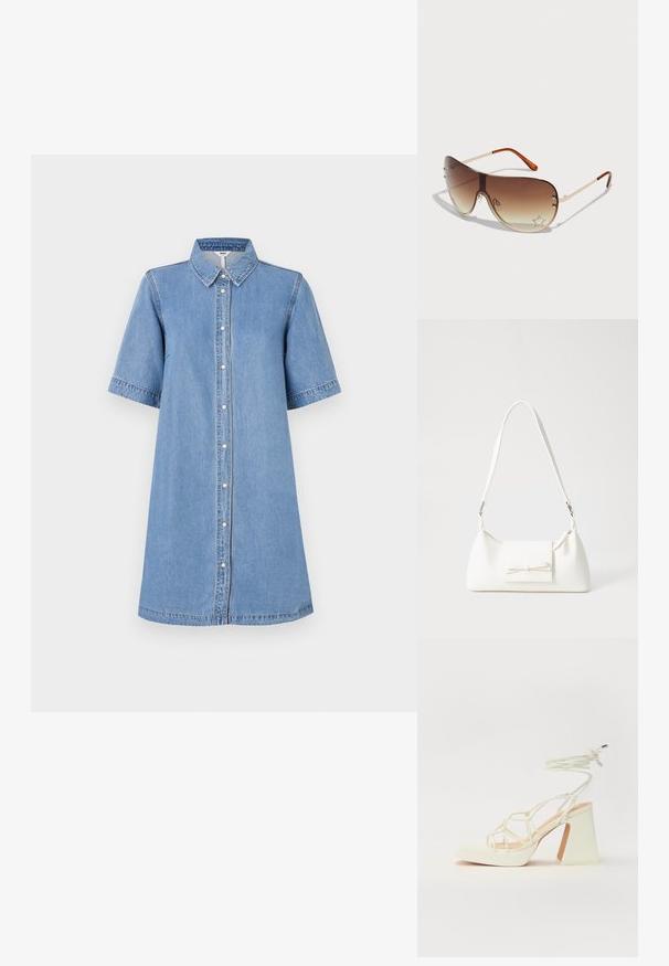 Vestido de camisa de mezclilla, azul claro, de manga corta, con cuello, cierre de botón en la parte delantera, hasta la rodilla, detalle de costura en las mangas, corte casual.; Sandalia de tacón alto blanca con un tacón grueso, que presenta un diseño de tiras y un lazo en el tobillo. Textura suave con una plataforma en la parte delantera para mayor altura.; Gafas de sol con lente de degradado marrón, montaje de metal y patrón decorativo de estrellas con cristales en la esquina inferior derecha de la lente.; Bolso sintético blanco con forma triangular, tapa frontal plana y detalle de lazo, correa ajustable, textura suave y diseño minimalista.