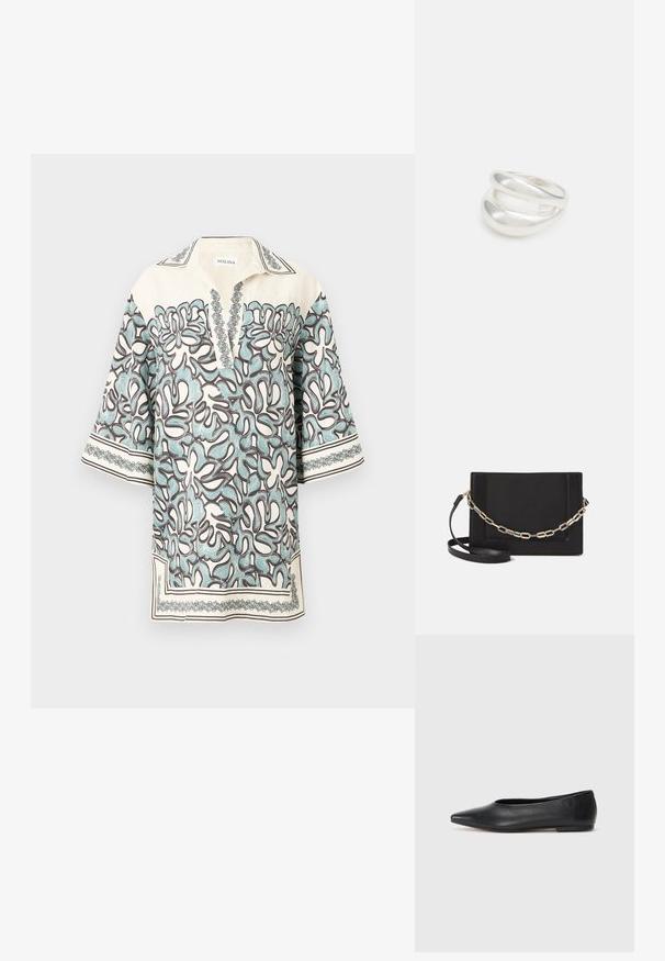 Lyhythihainen paita vaaleassa kermassa, jossa on vaaleansininen ja ruskea kukkakuosi. Vaatteessa on viistokaulus ja koristeelliset yksityiskohdat reunoilla.; Musta nahkainen ballerinatyyppinen kenkä, terävä kärki, minimalinen muotoilu, sileä pinta, matala korko, ei näkyvää metalliosaa tai koristeita.; Musta nahkainen olkalaukku, jossa on sileä pinta, suorakulmainen muoto ja metalliketju yksityiskohtana edessä. Mukana säädettävä hihna.; Hopeinen kaksinkertainen rengas, jossa on sileä, kiillotettu pinta. Siinä on sulava, kaareva muotoilu, jossa on päällekkäisiä osia modernin ilmeen saavuttamiseksi.