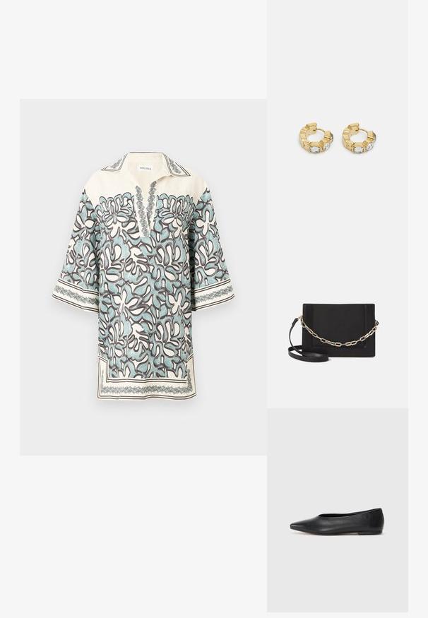 Blusa de manga curta em creme com um padrão floral em azul claro e castanho, apresentando um colarinho em V e detalhes decorativos nas bordas.; Bailarina de couro preto, bico fino, design minimalista, textura suave, salto baixo, sem hardware ou embelezamentos visíveis.; Bolsa crossbody de couro preto com uma textura suave, forma retangular e um detalhe em corrente metálica na frente. Inclui uma alça ajustável.; Brincos de argola dourados com um design texturizado e três cristais transparentes em um lado, oferecendo uma estética geométrica moderna.