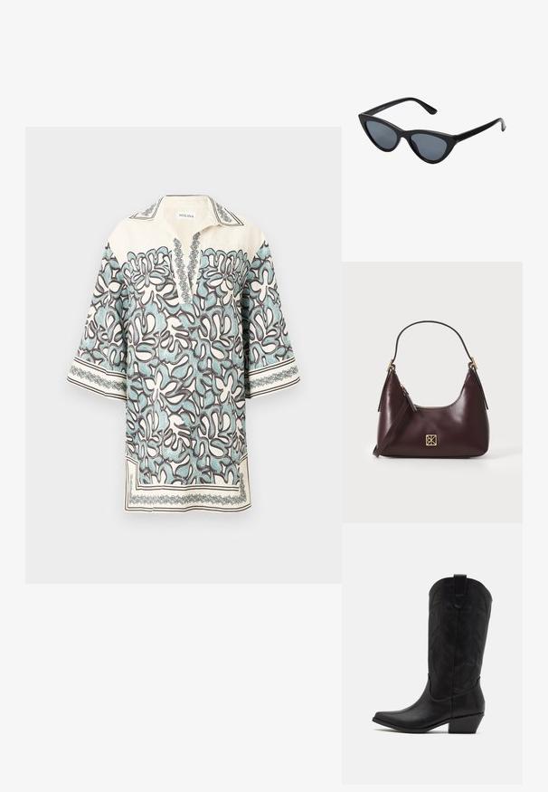 Kortärmad blus i krämvit med ett blommönster i ljusblått och brunt, med en insvängd krage och dekorativa detaljer längs kanterna.; Svarta lädercowboyboots med spetsig tå, låg staplad klack och intrikat präglat bladmönster på skaftet. Ögla upptill för enkel påtagning.; Svart kattögon-solglasögon med mörkgrå linser, slimmad plastbåge, spetsiga hörn och raka skalmar. Ingen synlig hårdvara eller accenter.; Burgunderfärgad läderhandväska med en böjd form, guldiga detaljer på spännena och dragkedjestängning. Utrustad med ett avtagbart axelband.