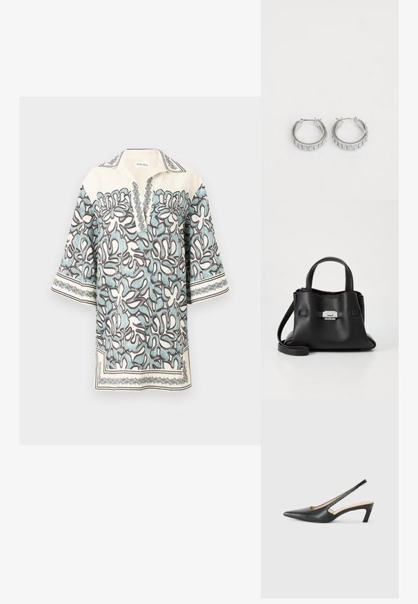 Bledo krémová blúzka s krátkym rukávom a kvetinovým vzorom v svetlomodrej a hnedej farbe, s vykrojeným golierom a dekoratívnymi detailmi pozdĺž okrajov.; Čierne slingback topánky s ostrou špičkou a nízkym opätkom, vyrobené z hladkej kože a s výrezmi na boku pre lepšiu priedušnosť.; Čierna kožená kabelka s textúrovaným povrchom, ktorá má dve vrchné rukoväte, odnímateľný popruh cez rameno a strieborný uzáver.; Strieborné kruhové náušnice s textúrovaným dizajnom, ktorý obsahuje vertikálne ryhy. Obdĺžnikový tvar so zabezpečovacím uzáverom. Hladký povrch.