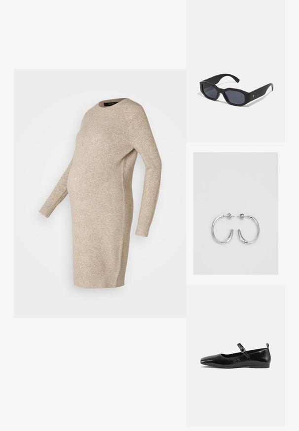 Beige kudumist raseduskleit pika varrukaga, ümmarguse kaeluse ja lõdva istuvusega, mis on loodud kasvava kõhu mahutamiseks.; Mustmust musta nahk king, millel on terav nina, pahkluu rihm koos pandlaga ja sile, läikiv tekstuur. Madal konts mugavuse tagamiseks.; Mustad pruudiks prillid ruudukujuliste raamidega, matistatud viimistlusega, tumedate läätsede ja veidi kõverate kätega. Ühel käel on diskreetne logo aktsent.; Hõbedased rõngaskõrvarõngad, millel on sile ja läikiv pind. Ümar kuju, kerge disain, millel on post-tagumise kinnituse süsteem.