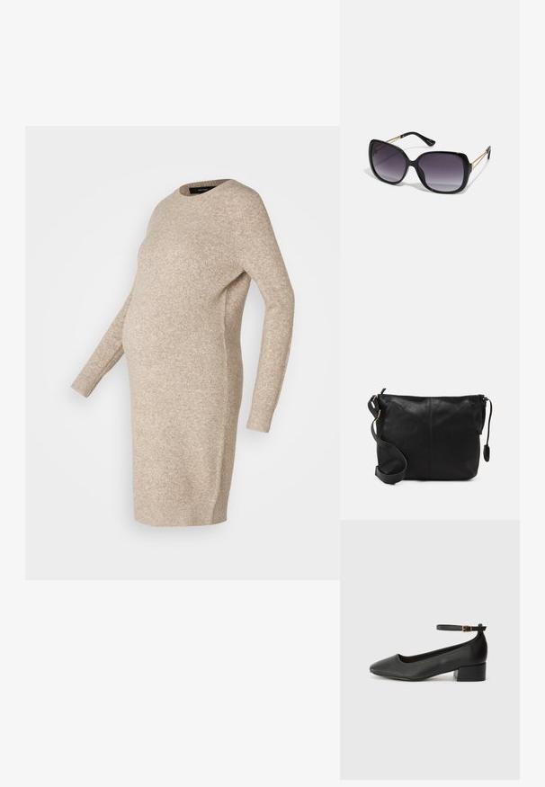 Beige strikket graviditetskjole med lange ermer, rund halsutskjæring og løs passform, designet for å romme en voksende mage.; Sorte skinnpumper med spiss tå og lav blokkhelt. Har ankelrem med gullfarget spenne. Glatt tekstur.; Sorte oversized solbriller med gradient linser, tykke rammer og detaljering med gulltonekjede på tempelarmene.; Svart skinn crossover-veske med flat form, gullfarge detaljer og justerbar stropp. Glatt tekstur med minimale sømmer.