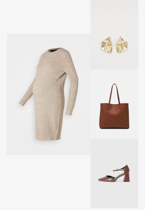 Vestido de maternidade tricotado em bege, com mangas longas, decote redondo e um corte descontraído, projetado para acomodar uma barriga em crescimento.; Sapato de salto em couro patente castanho com bico quadrado, padrão textura crocodilo, tiras no tornozelo com fivela dourada e salto grosso.; Bolsa tote de couro castanho com uma textura suave, design de abertura superior e duas alças para o ombro. Apresenta costura mínima e sem hardware visível.; Brincos metálicos dourados com um design ondulado; superfície lisa e reflexiva; forma assimétrica; sem padrões ou acessórios visíveis.