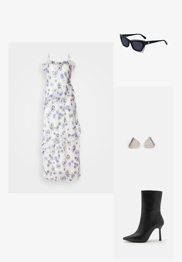 Ilga, permatoma suknelė su gėlių raštu mėlynos ir pilkos spalvos atspalvių. Savybėmis - raukiniai ir subtilūs špagatini nustatymai. Balta bazė.; Juodos odinės kulkšninių botai su smailiu pirštu, siauromis stiletto kulnais ir lygaus paviršiaus, turintys minimalistinį dizainą be papuošimų.; Juodos didelės saulės akinių su geometrine forma, turinčiais tamsius objektyvus ir kontrastingą pilką detalę ant rėmelio. Logotipas ant šalon.; Sidabriniai metaliniai auskarai su lygiu, ašaros formos dizainu ir blizgiu paviršiumi. Subtilūs raižiniai prideda detalumo. Minimalistinis dizainas.