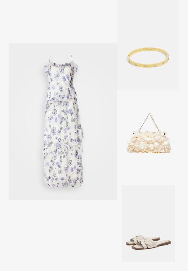 Dolga, prosojna obleka s cvetličnim vzorcem v odtenkih modre in sive. Ima volanaste plasti in nežne ramenske naramnice. Bela osnova.; Svetlo bež natikače s tkanimi trakovi, z ravnim podplatom in minimalističnim dizajnom. Gladka tekstura z diskretnimi barvnimi kontrasti.; Bela cvetlična torbica z nabranim tekstilom, zlato obarvana veriga za nošenje in kovinski ključ. Ima strukturirane cvetne liste za dodano podrobnost.; Zlati zapestni nakit se ponaša z gladkim, elegantnim dizajnom, na katerem je enakomerno razporejenih pet prozornih rhinestones. Vgraviran logotip znotraj.