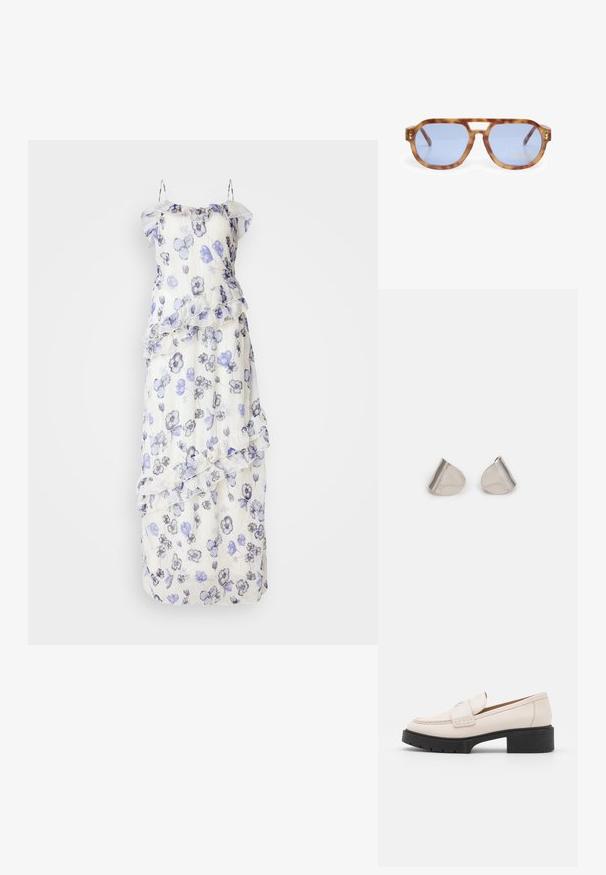 Garšs, caurspīdīgs kleitas ar ziedu rakstu zilā un pelēkā krāsā. Iekļauj rufiņus un delikātas spageti siksnas. Balts pamats.; Gai krēmkrāsas ādas loaferi ar šuvēm priekšpusē un teksturētu melnu platformas papēdi. Ir izliekts dizains un neliels pacēlums.; Lūpu tauri ar zilu stiklu, leņķveida dizains, biezs rāmis un deguna tilta izgriezums; satur zelta akcentu templī.; Sudraba metāla auskari ar gludu, asarveida formu un pulētu apdari. Smalkas gravējumi pievieno detalizāciju. Minimālisma dizains.