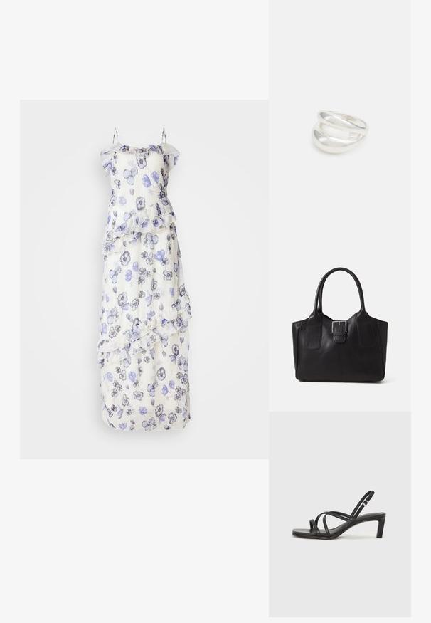 Abito lungo e trasparente con motivo floreale in tonalità di blu e grigio. Presenta strati arricciati e delicate spalline a sottile. Base bianca.; Sandalo nero con cinturini, dalla punta squadrata e tacco basso a blocco. Presenta diversi cinturini sottili e una cinturini regolabile alla caviglia. Realizzato in pelle liscia.; Borsa tote in pelle nera con texture liscia, forma strutturata, due manici e un evidente dettaglio in fibbia argentata sul davanti.; Anello doppio in argento con superficie liscia e lucida. Presenta un design fluido e curvo con sezioni sovrapposte per un aspetto moderno.
